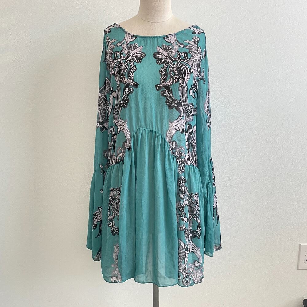 Free‎ People Dress Women S Green Symphony Slip Sheer Boho Bell Sleeve Babydoll